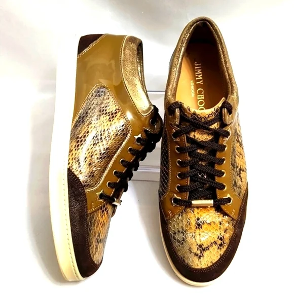 Jimmy Choo Snakeskin Print Suede Patent Leather Lace-up Sneakers (w size 39)